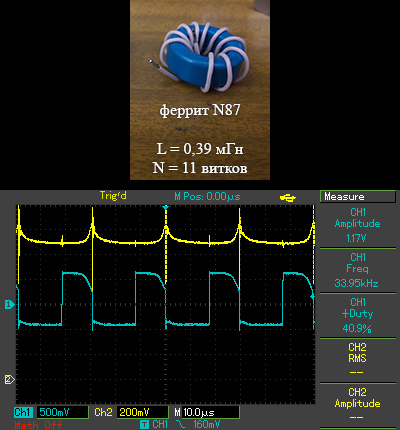 Осциллограмма тока нагрузки с насыщением дросселя